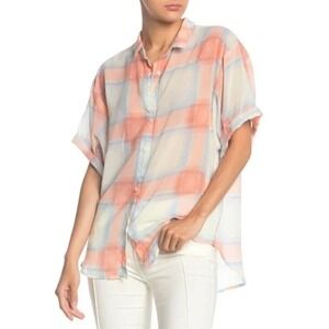 Splendid Shirt Womens XS Orange Blue Beige Sheer Plaid Short Sleeve Button‎ Down